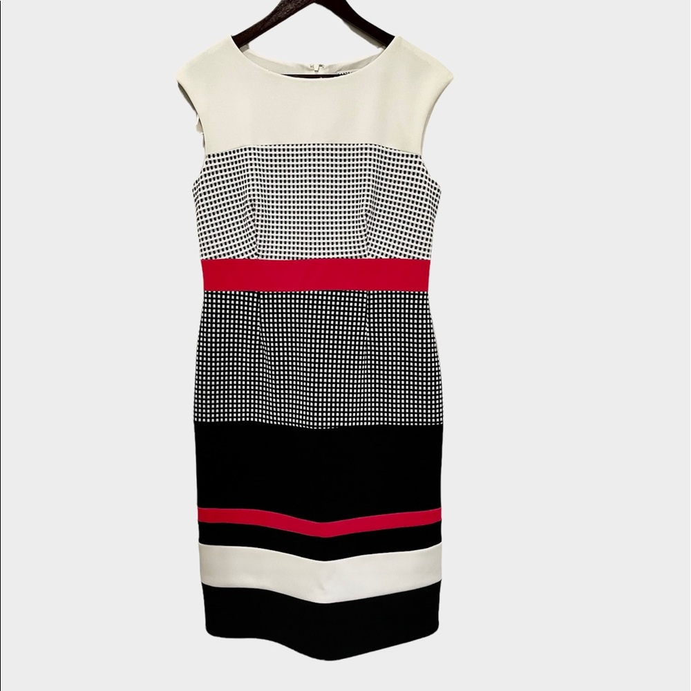 Sandra Darren, White Pink, Black Block and Stripe Dress, Sleeveless, 10
